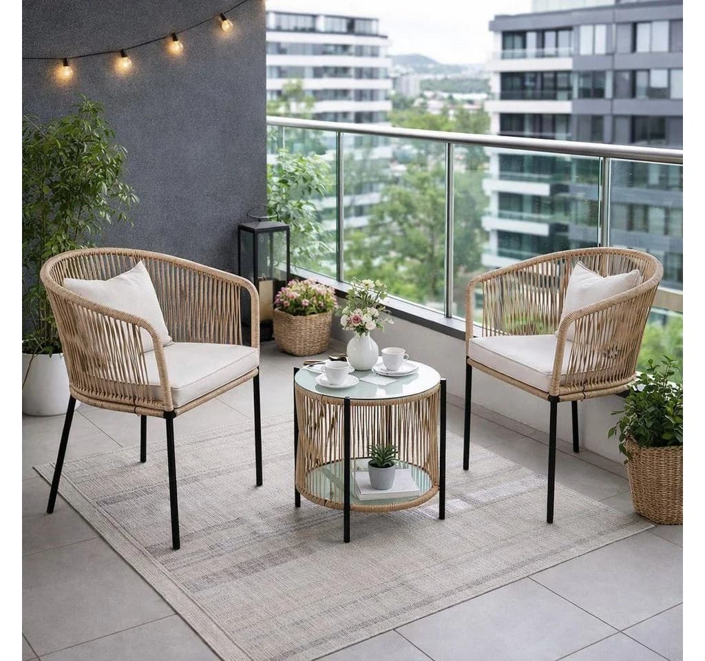 ESTEXO Bistro Set 2-tlg. Beige Rope-Geflecht Sicherheitsglas - Bild 2