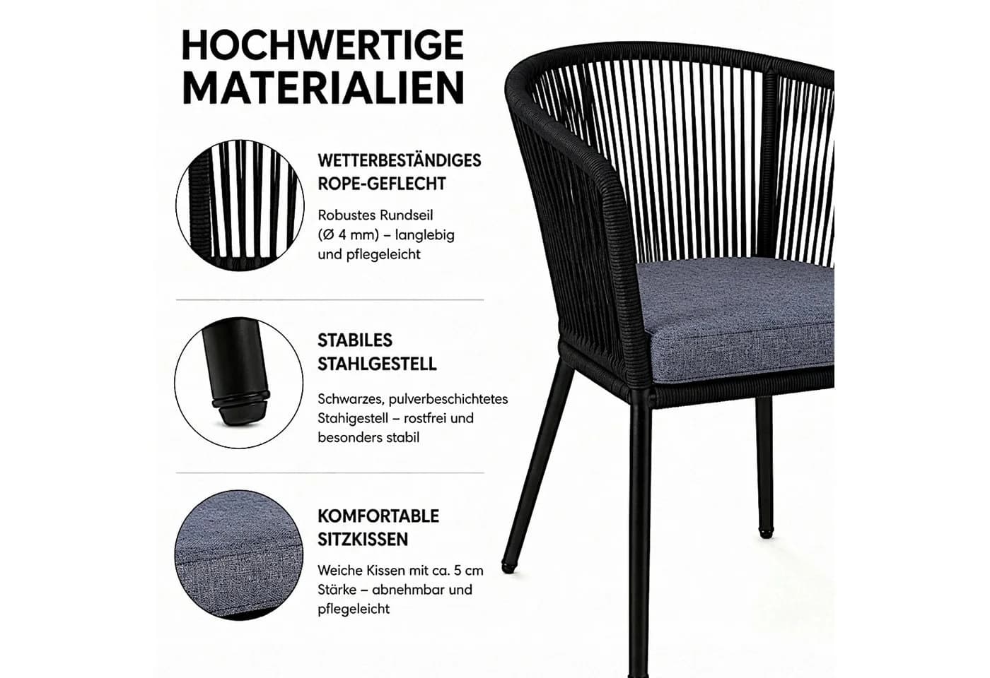 ESTEXO Gartenstuhl Lounge 2er Set Schwarz Rope Design - Bild 3