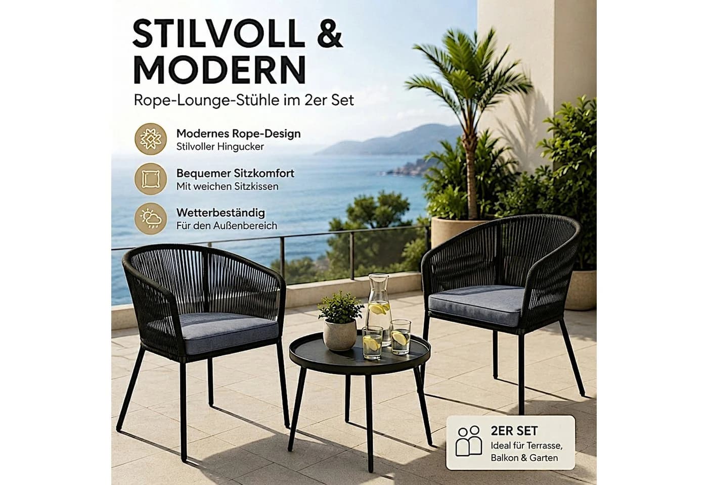 ESTEXO Gartenstuhl Lounge 2er Set Schwarz Rope Design - Bild 4