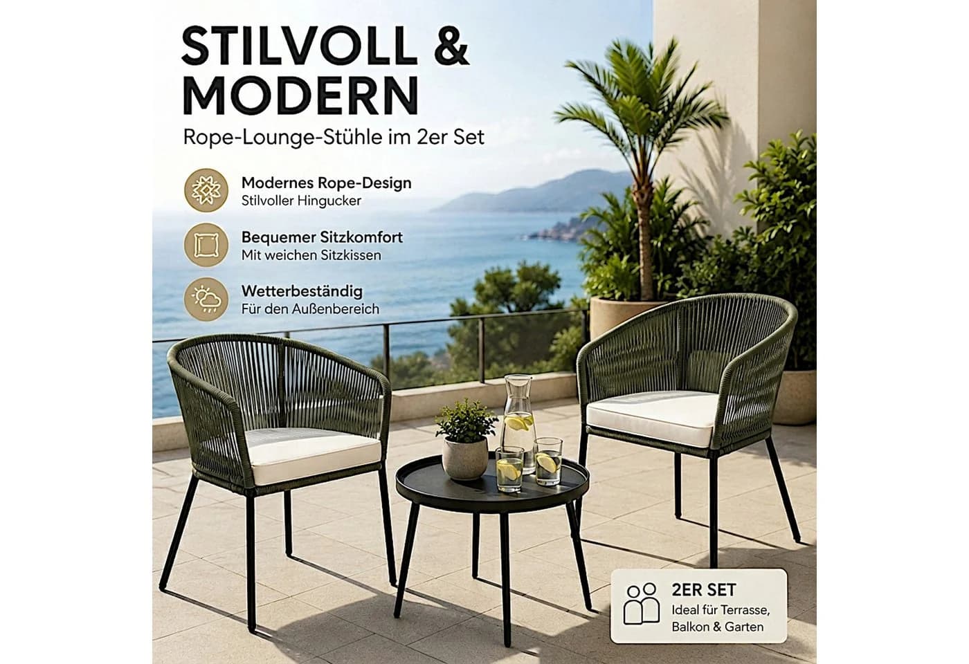 ESTEXO Gartenstuhl Lounge Stuhl 2er Set Oliv Schwarz - Bild 4
