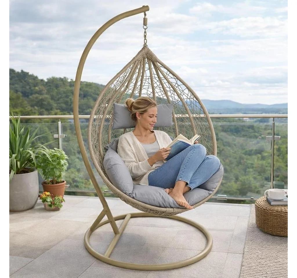 ESTEXO Hängesessel mit Gestell Polyrattan Hängekorb Beige Grau - Bild 2