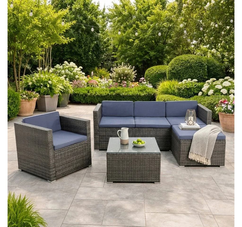 ESTEXO Rattan Lounge Sitzgruppe 5-tlg. Grau mit Kissen - Bild 2