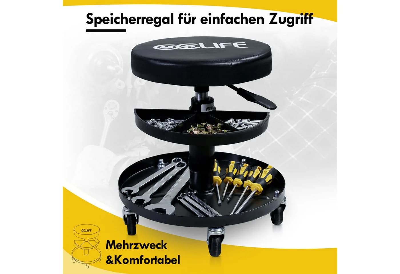 CCLIFE Werkstatthocker mit Rollen, höhenverstellbar, 150 kg Tragkraft - Bild 4