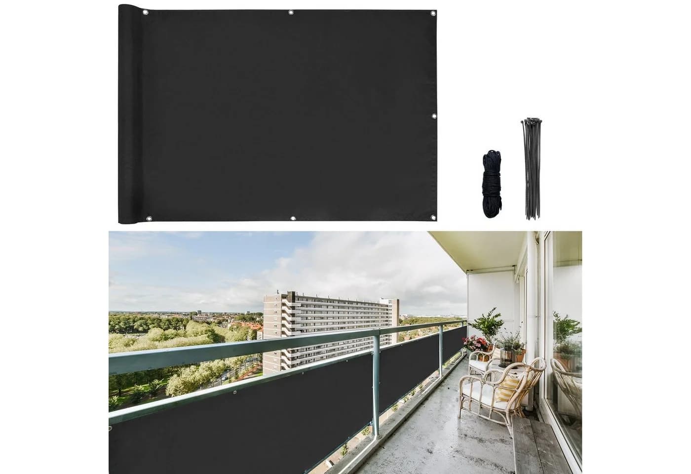 CCLIFE Balkonsichtschutz Schwarz Polyesterfaser ohne Bohren