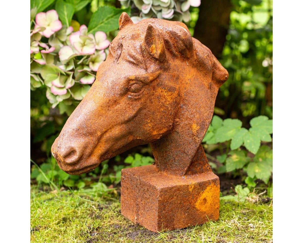 Antikas Pferdekopf Skulptur Gartenfigur Eisenguss Rostoptik - Bild 3