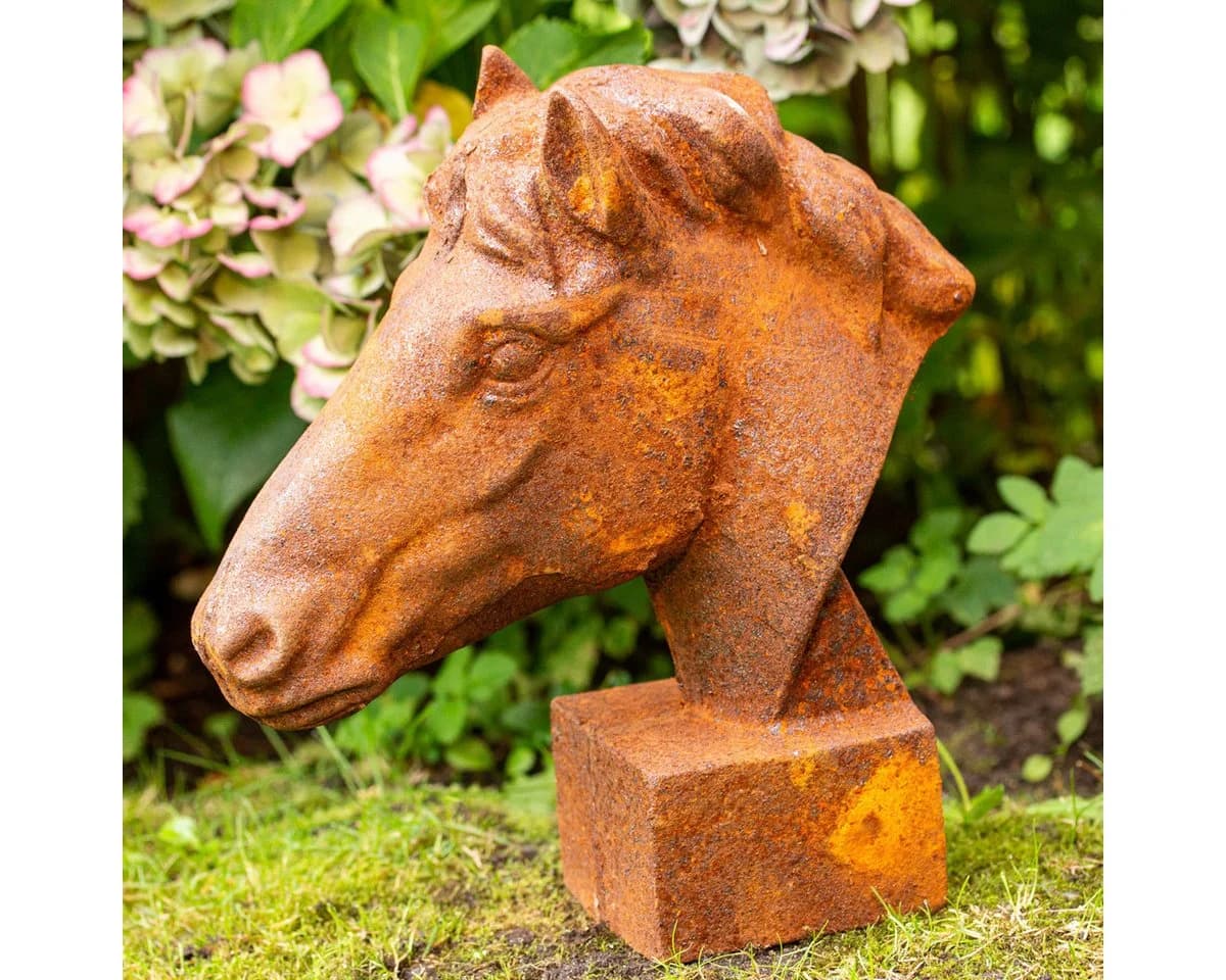 Antikas Pferdekopf Skulptur Gartenfigur Eisenguss Rostoptik - Bild 5