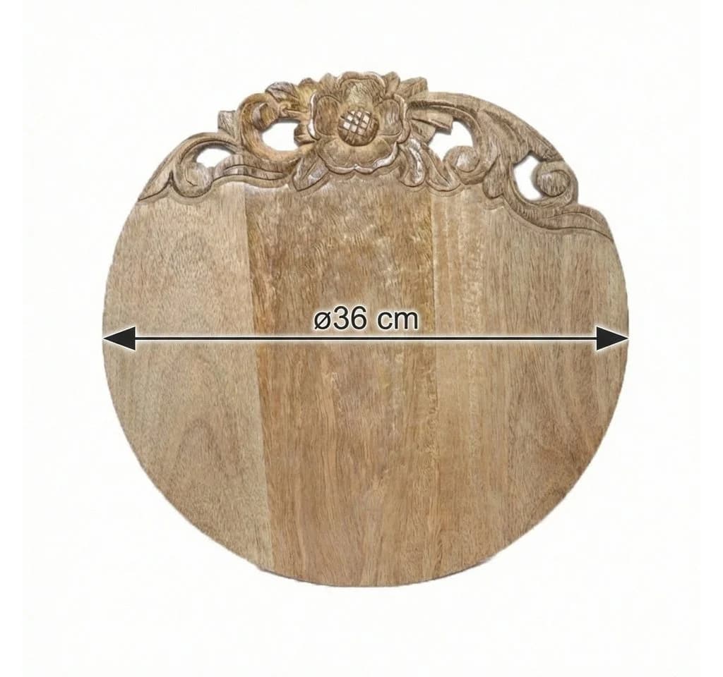 Antikas Schneidebrett Holz rund natur mit Blumenornament
