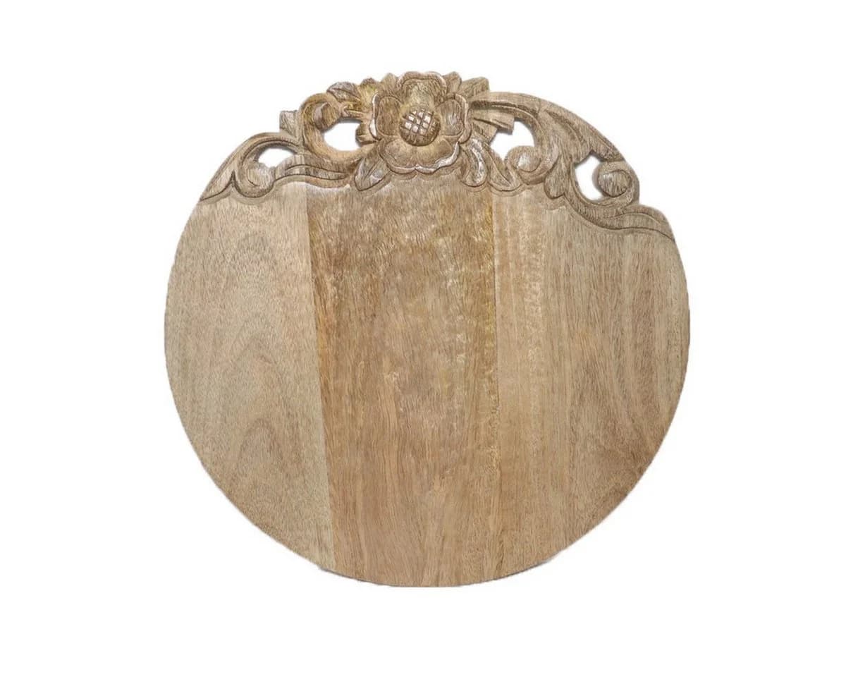 Antikas Schneidebrett Holz rund natur mit Blumenornament - Bild 3