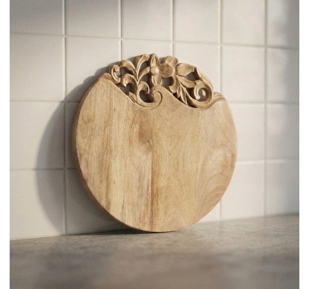 Antikas Servierbrett Holz rund natur mit Blumenornament