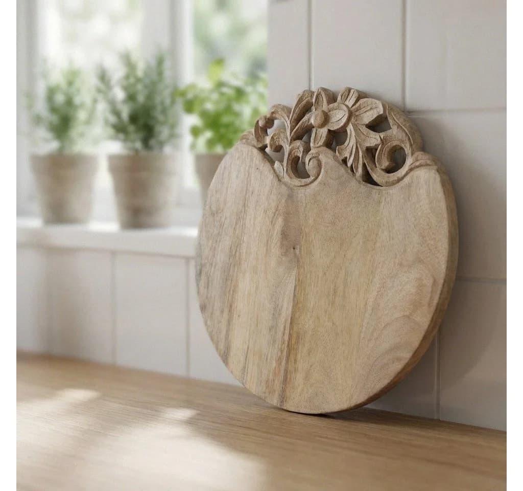 Antikas Servierbrett Holz rund natur mit Blumenornament - Bild 2