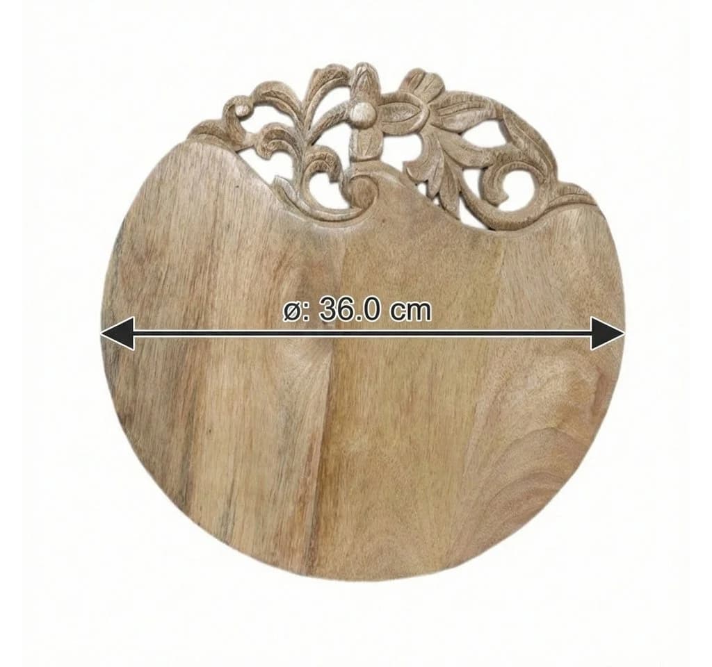 Antikas Servierbrett Holz rund natur mit Blumenornament - Bild 3