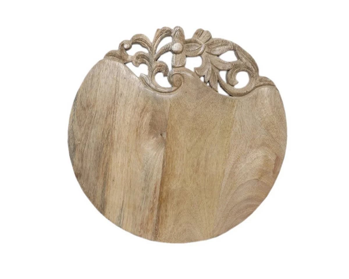 Antikas Servierbrett Holz rund natur mit Blumenornament - Bild 4