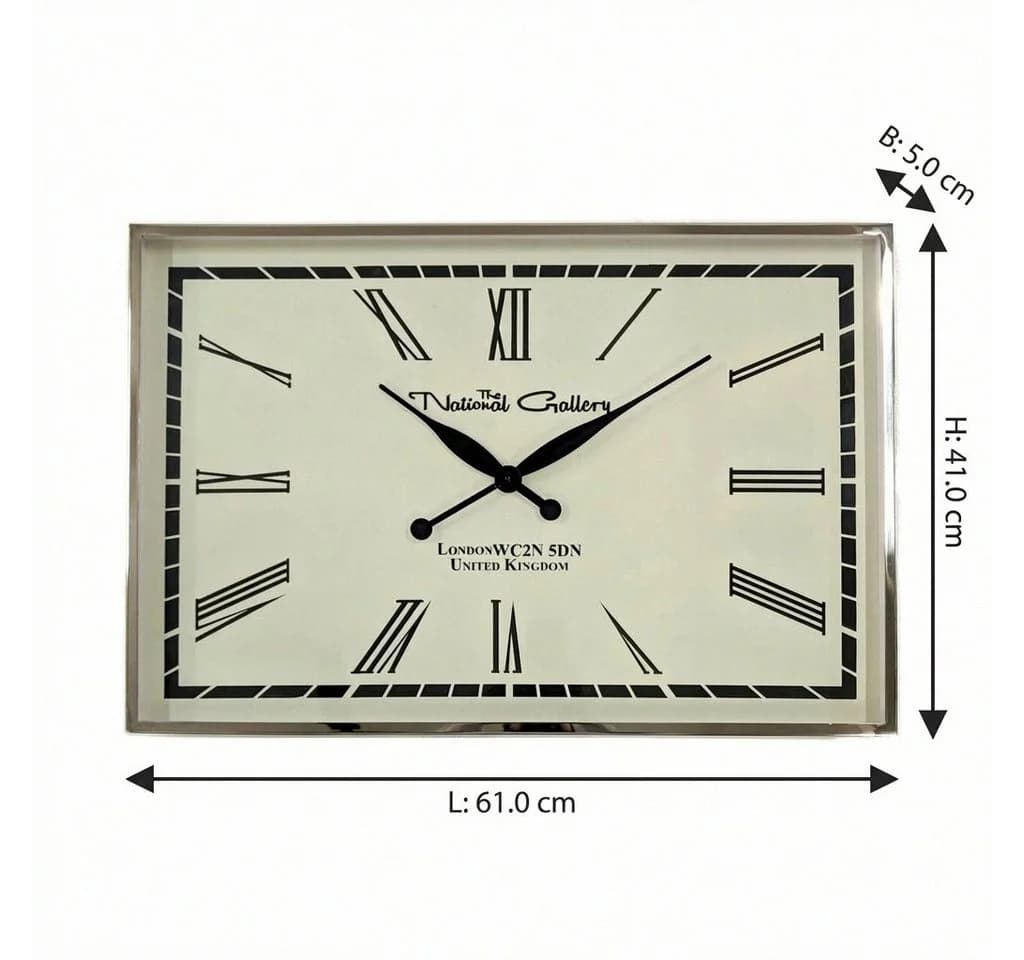 Antikas Premium Wanduhr römische Ziffern rechteckig Nickel Glas Weiß