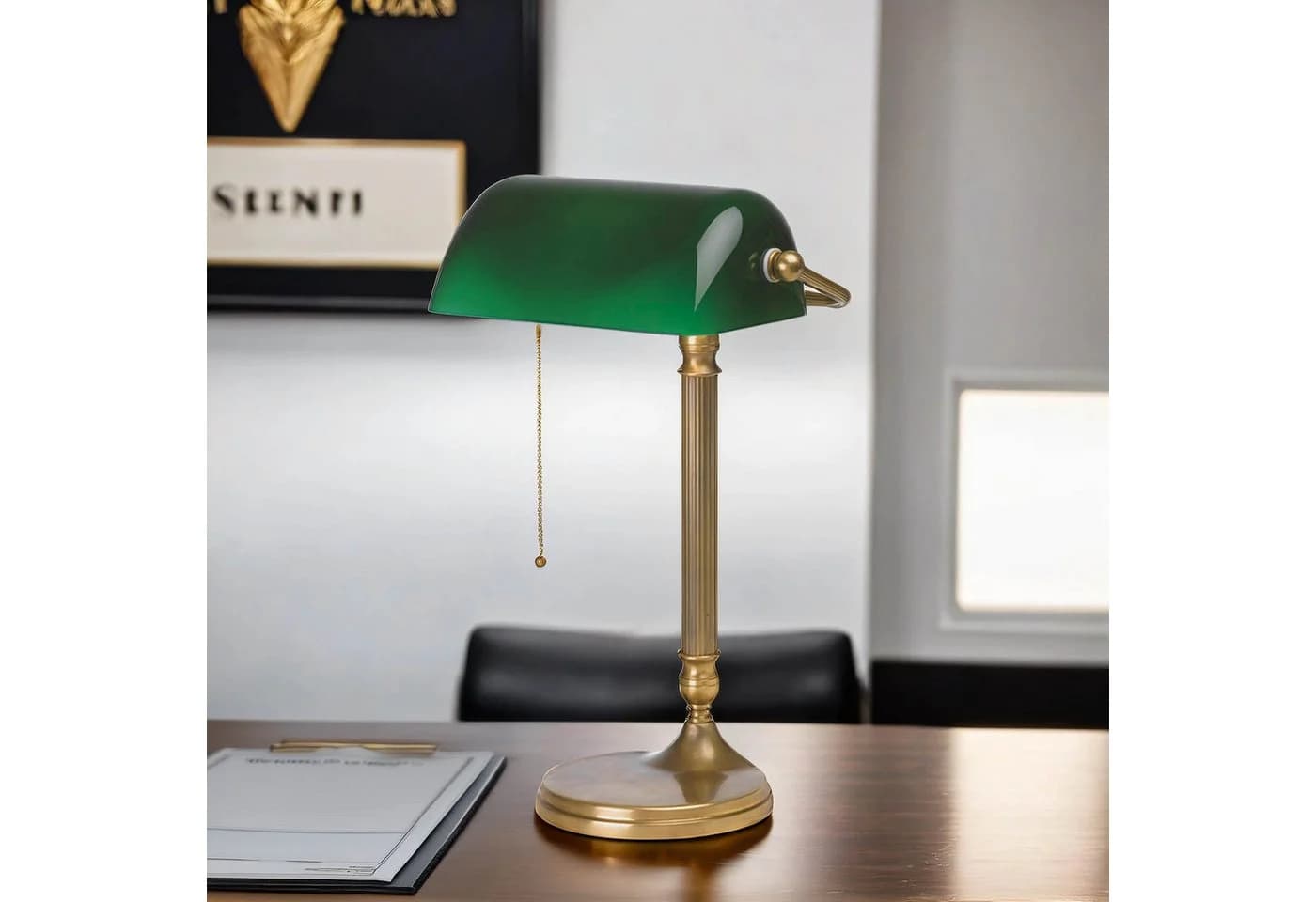 Licht-Erlebnisse Schreibtischlampe W7 Bankerlampe Grün Messing Glas Jugendstil