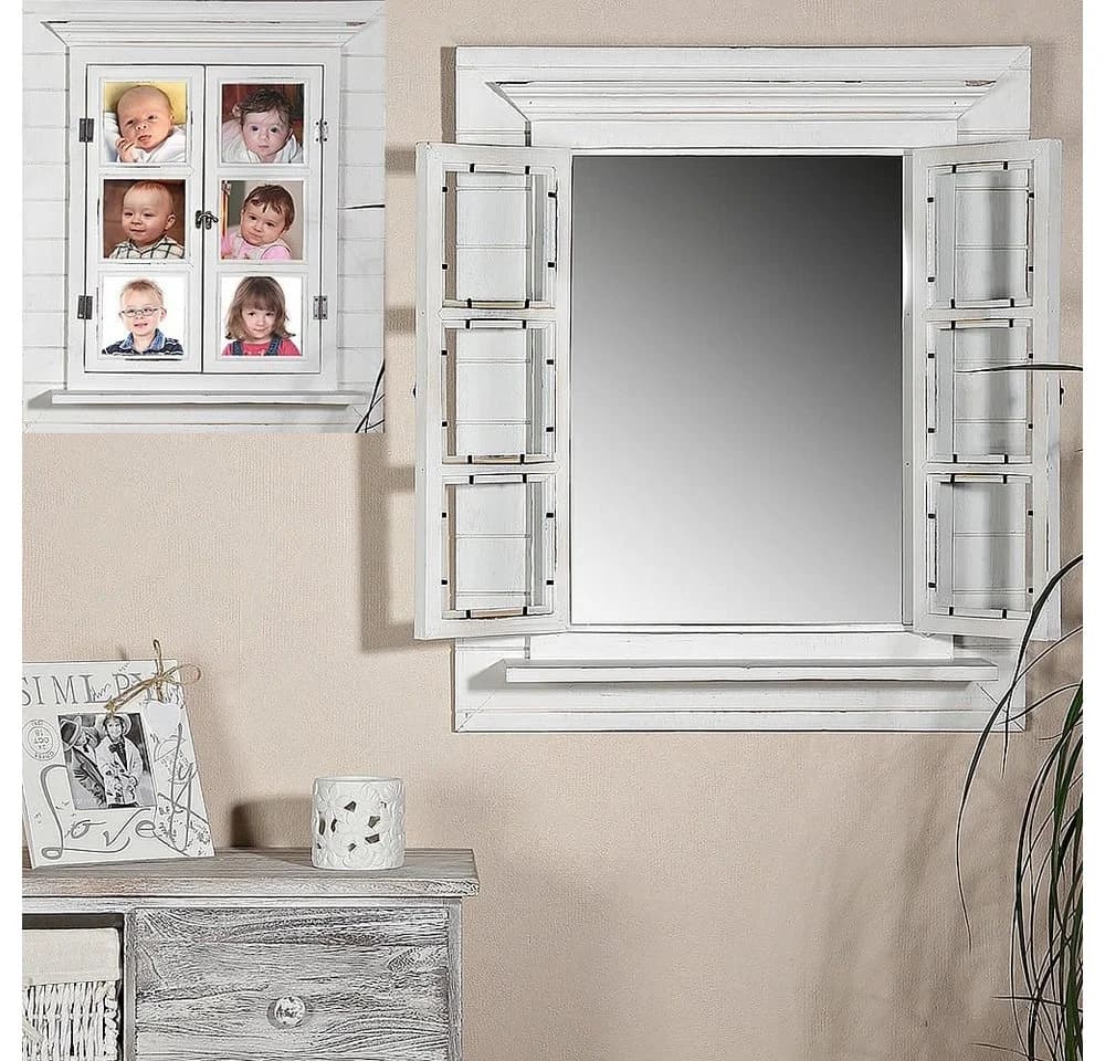 Mucola Wandspiegel Braun mit Fensterläden und 6 Bilderrahmen