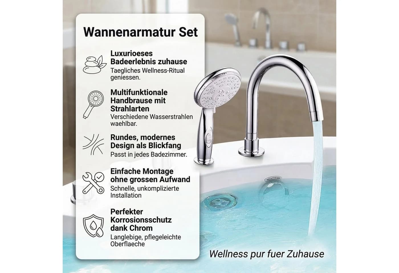 Mucola Wannenrandarmatur 5-Loch Set Handbrause Wasserfall Chrom