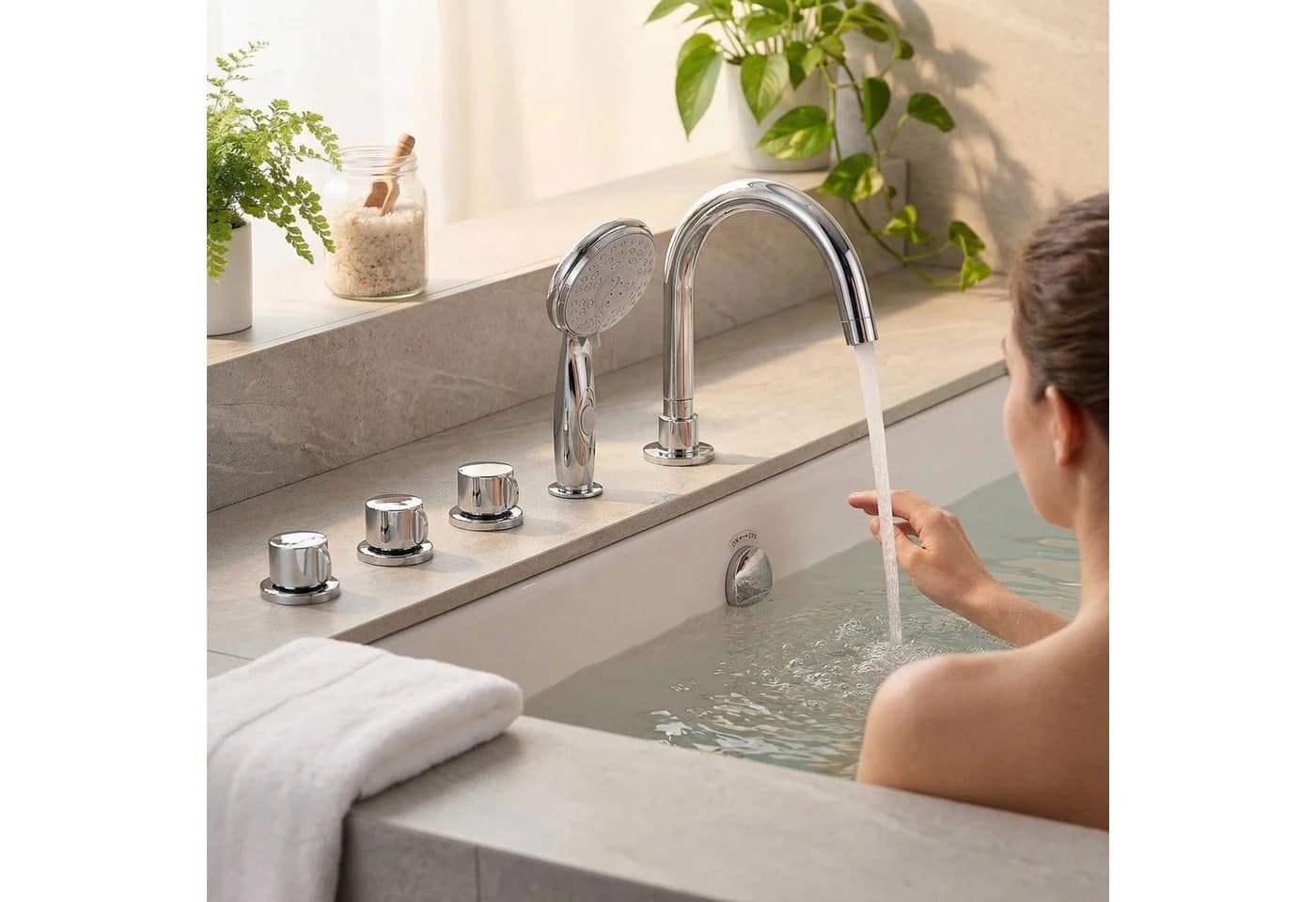 Mucola Wannenrandarmatur 5-Loch Set Handbrause Wasserfall Chrom - Bild 4