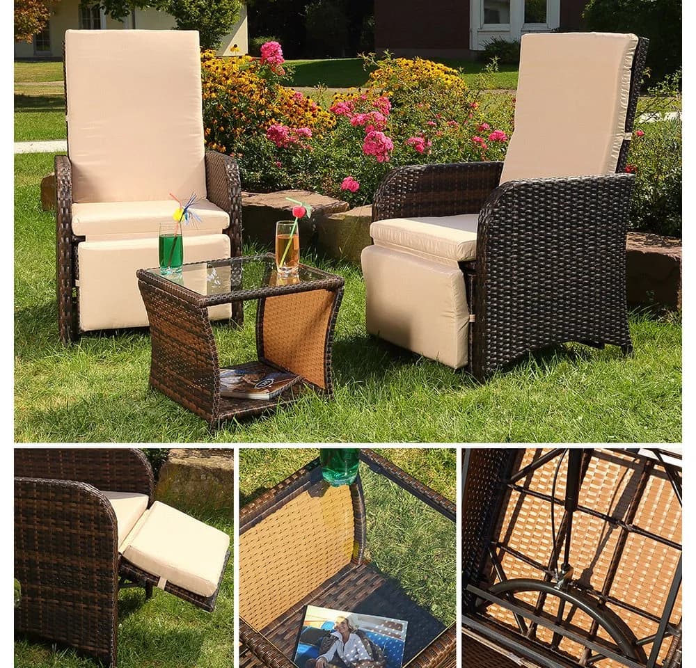 Melko Balkonset 3-tlg. Braun Polyrattan Lounge-Set mit Kissen