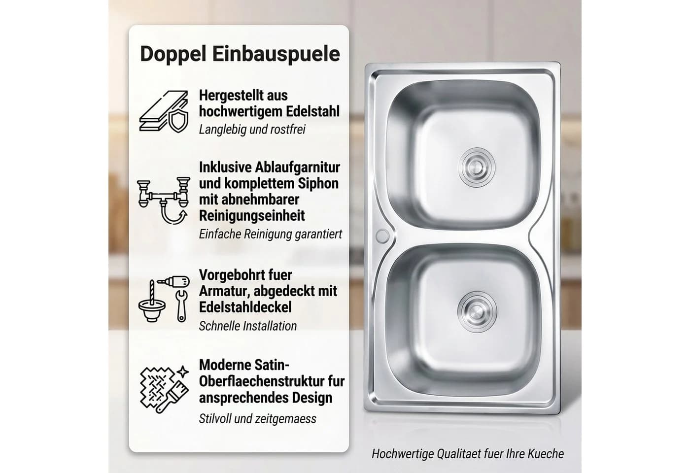 Mucola Einbauspüle Doppelspülbecken Edelstahl Silber Modern