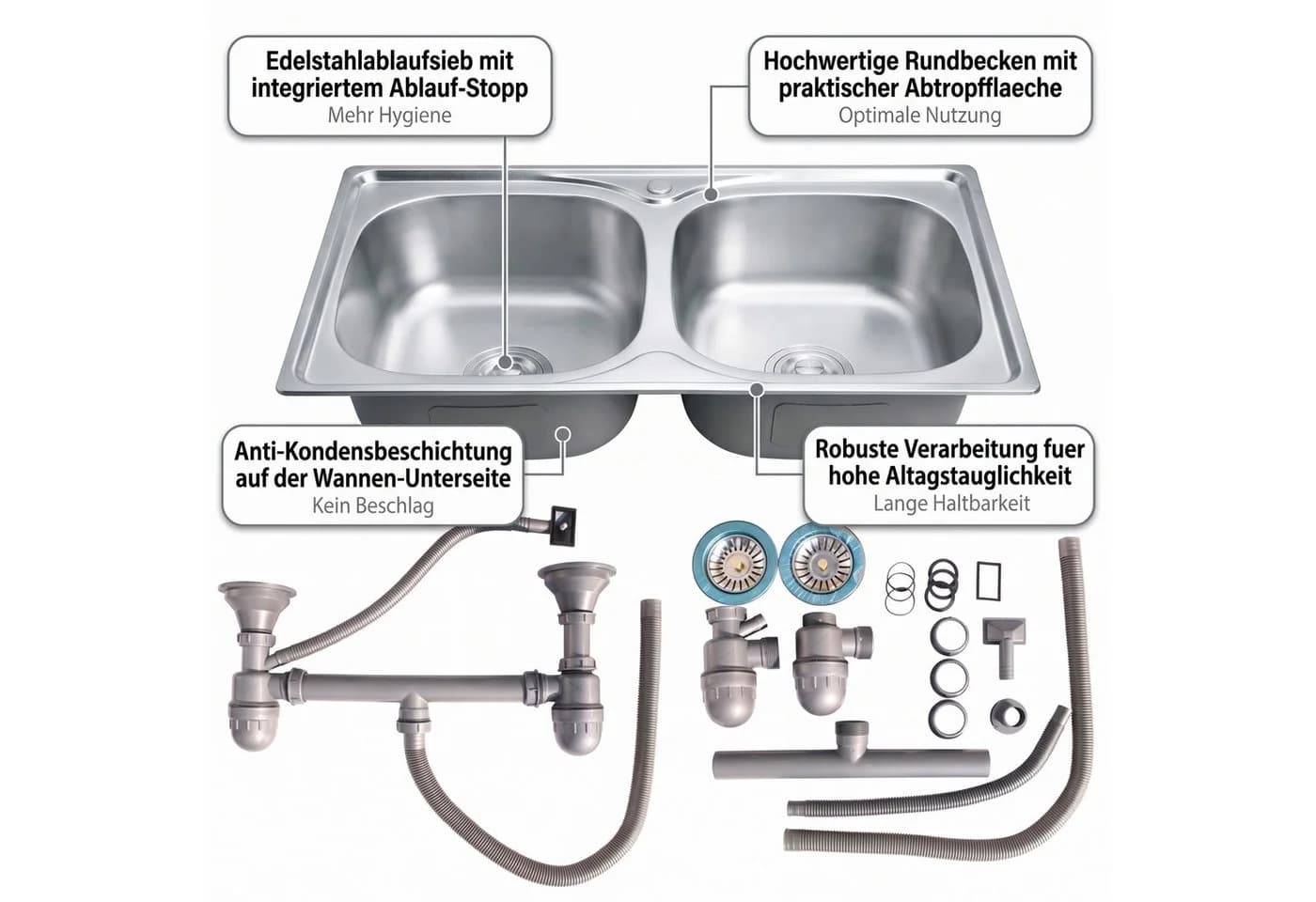 Mucola Einbauspüle Doppelspülbecken Edelstahl Silber Modern - Bild 5