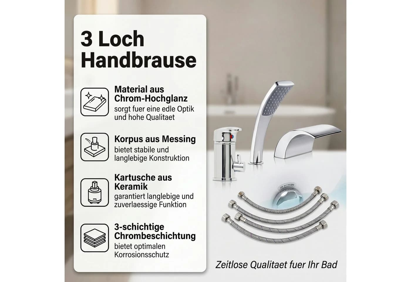 Mucola Badarmatur 3-Loch Armatur Badewannenarmatur Wasserhahn Wannenarmatur Badarmatur
