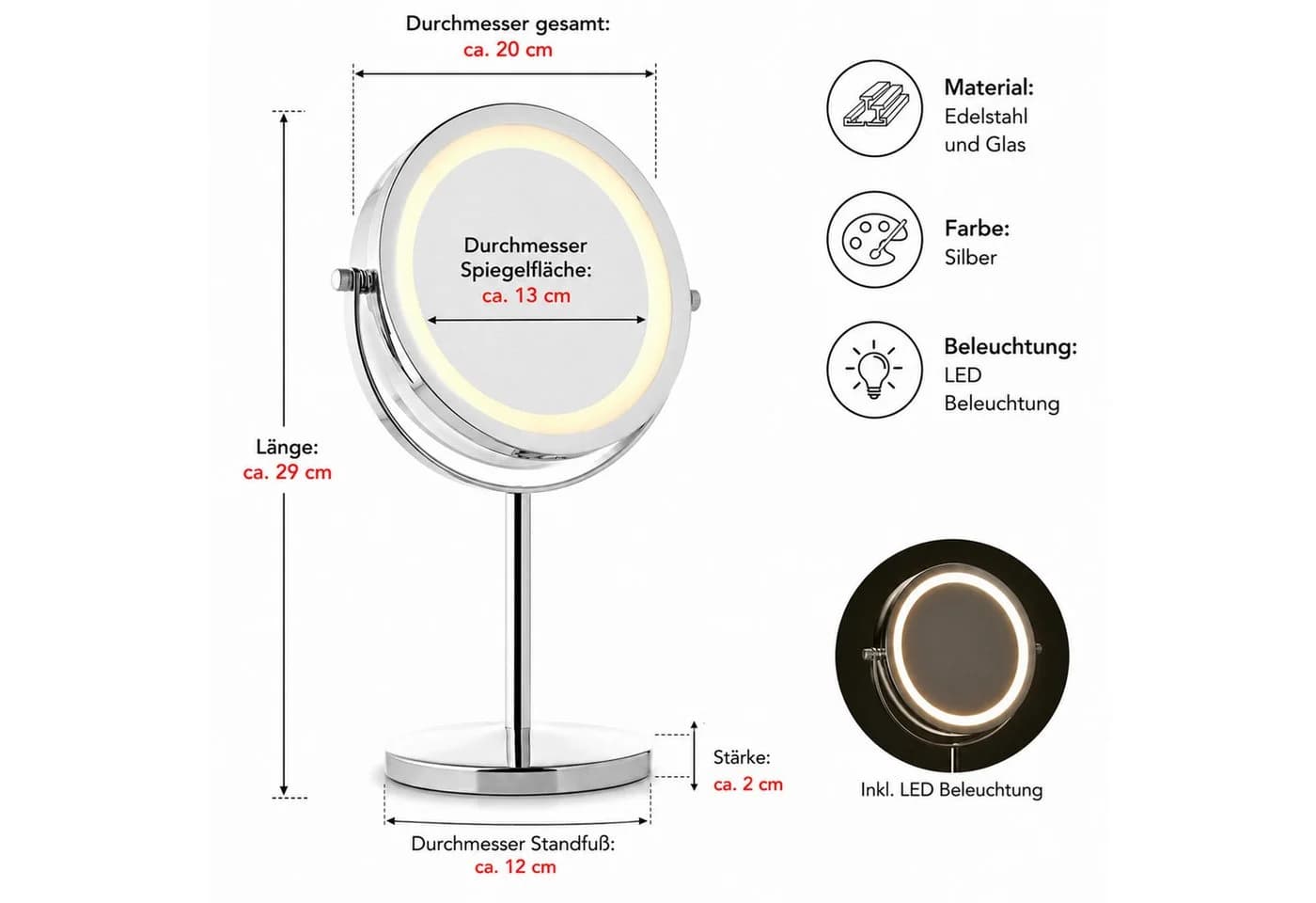 Mucola Kosmetikspiegel LED 10-fach Vergrößerung Silber - Bild 3
