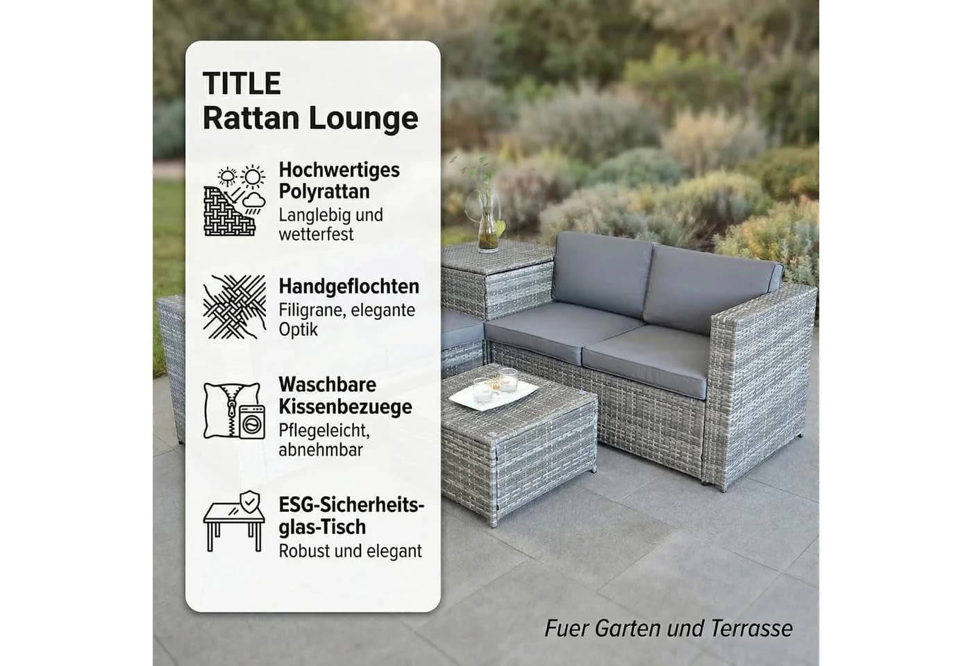 Mucola Gartenlounge-Set Polyrattan Grau/Braun mit Glasplatte