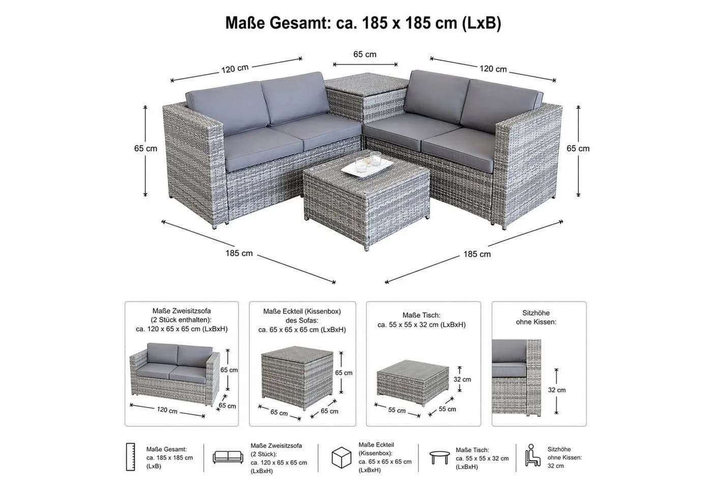 Mucola Gartenlounge-Set Polyrattan Grau/Braun mit Glasplatte - Bild 3