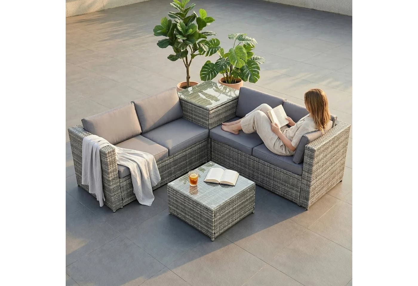 Mucola Gartenlounge-Set Polyrattan Grau/Braun mit Glasplatte - Bild 4