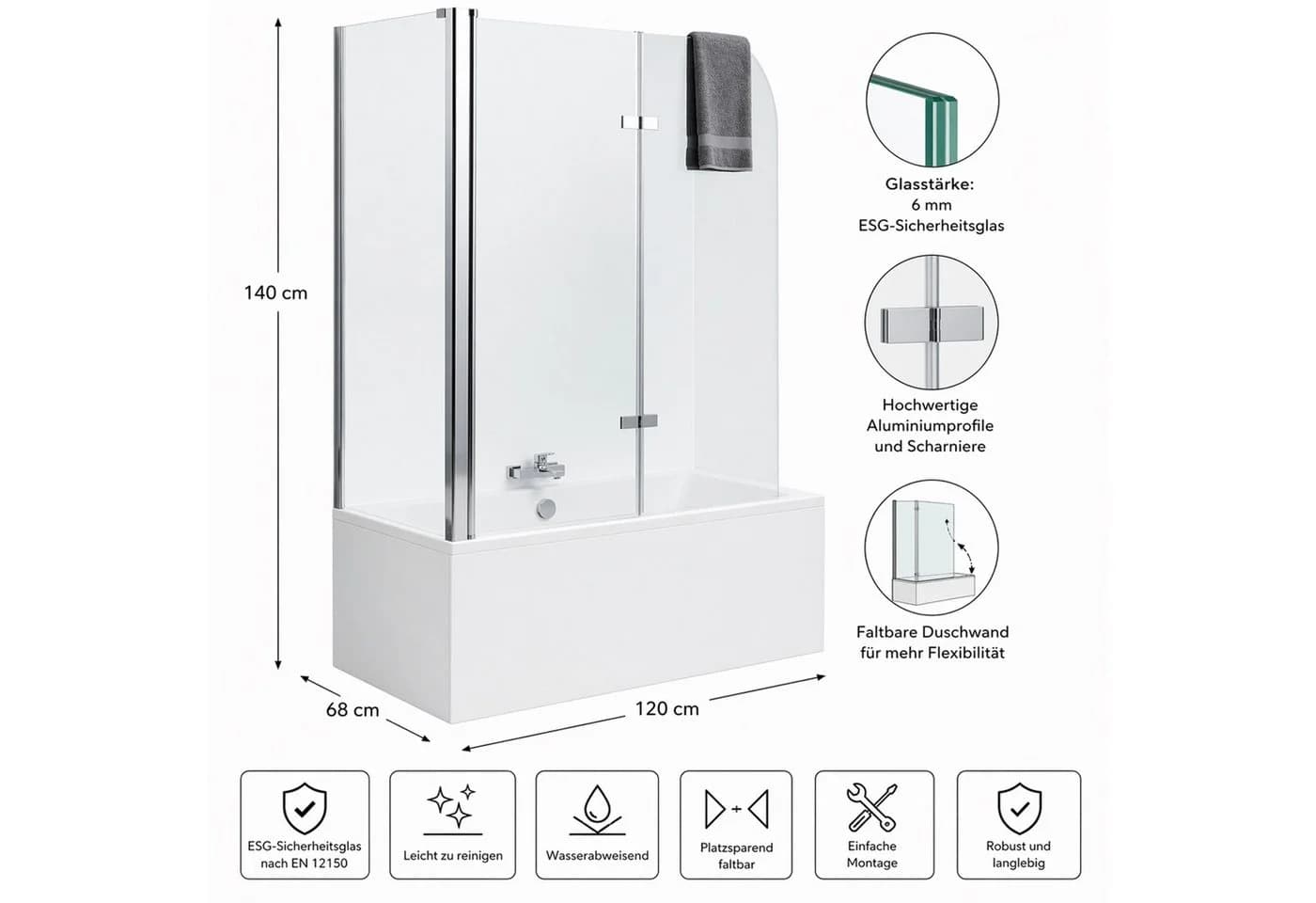 Mucola Badewannenaufsatz Eck Duschabtrennung Aluminium Glas Transparent - Bild 3