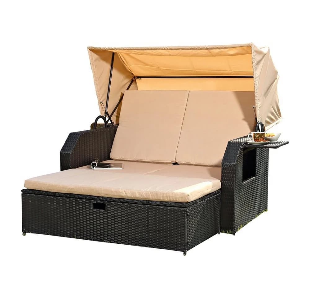 Mucola Strandkorb mit Dach Schwarz Polyrattan Relaxliege