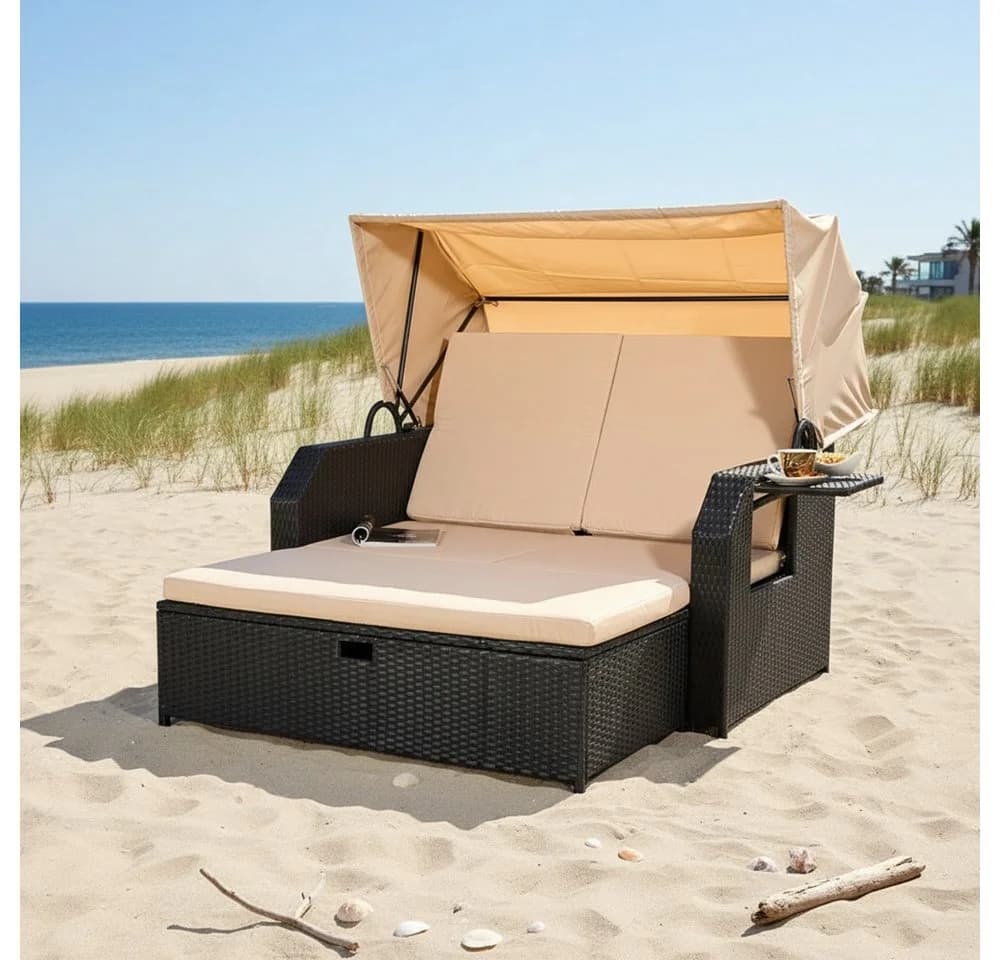 Mucola Strandkorb mit Dach Schwarz Polyrattan Relaxliege - Bild 2