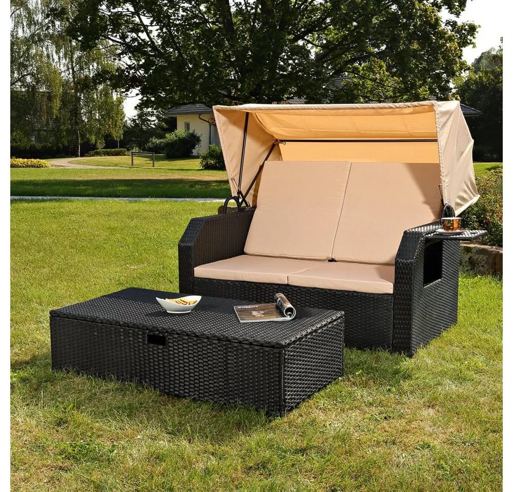 Mucola Strandkorb mit Dach Schwarz Polyrattan Relaxliege - Bild 5
