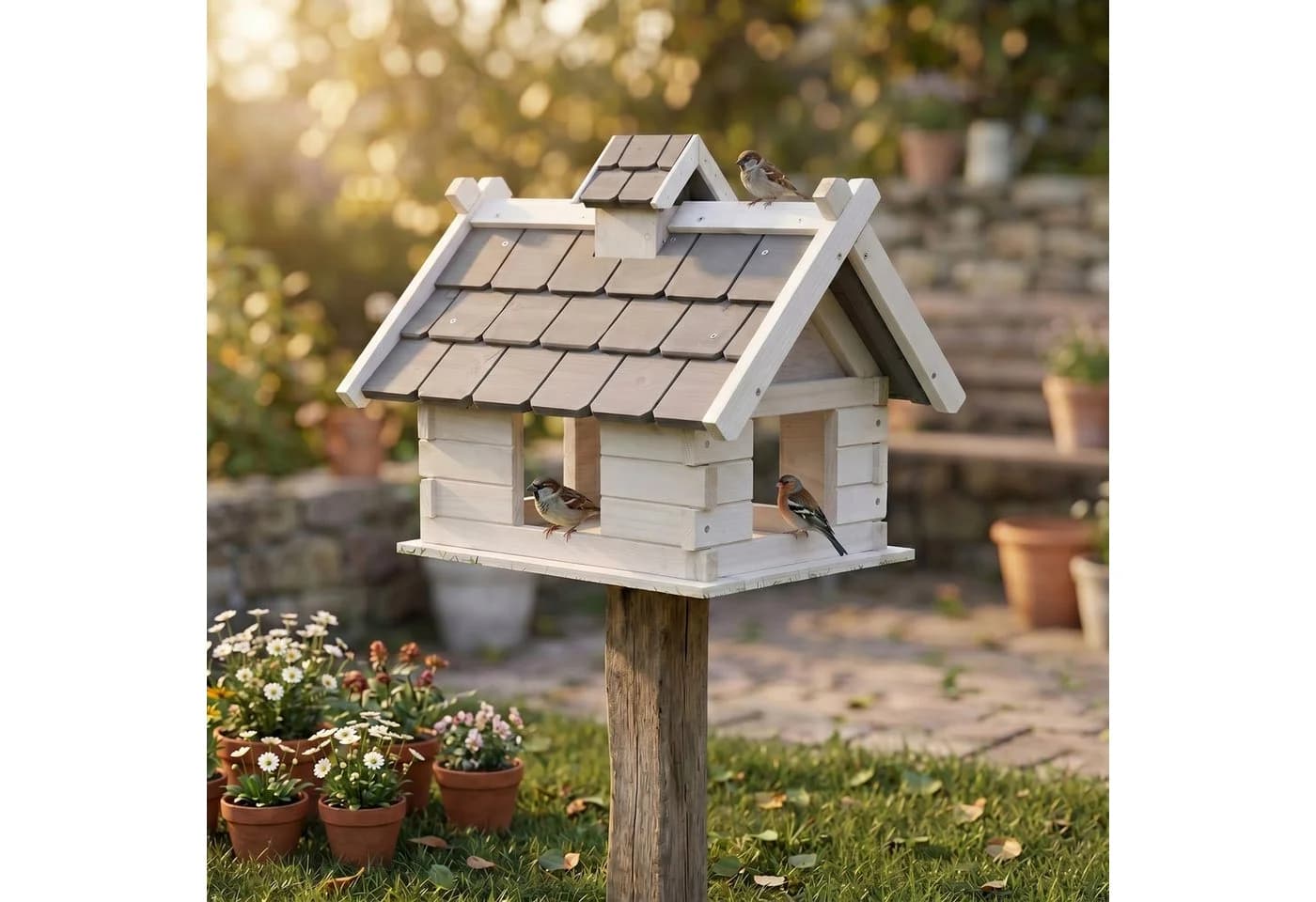 Mucola Vogelhaus Grau Weiß Holz Vogelfutterhaus mit wetterfestem Dach - Bild 4