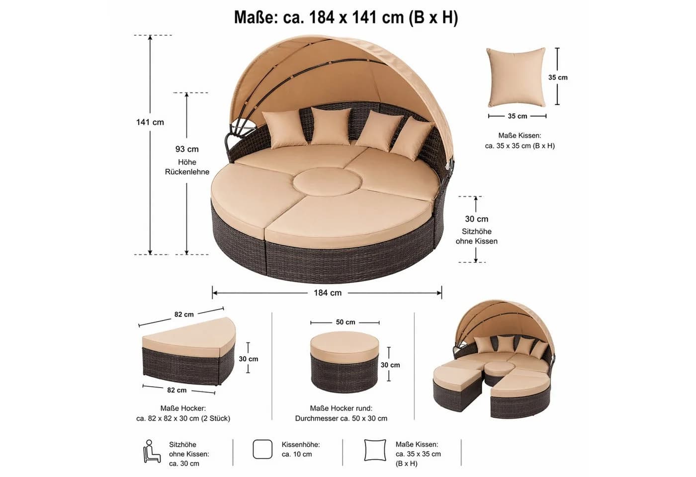 Mucola Gartenlounge-Set Sonneninsel 180CM Polyrattan mit Sonnenschutzdach - Bild 3