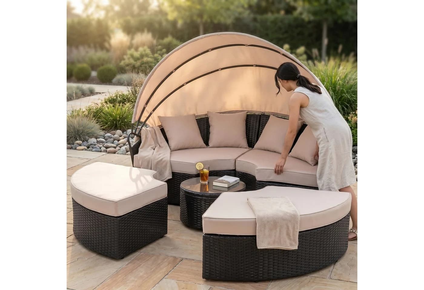 Mucola Gartenlounge-Set Sonneninsel 180cm Polyrattan Schwarz - Bild 4