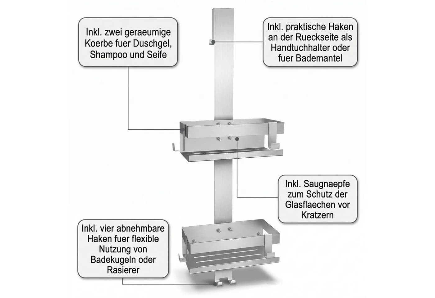 Mucola Duschablage Edelstahl ohne Bohren mit Körben und Haken - Bild 5