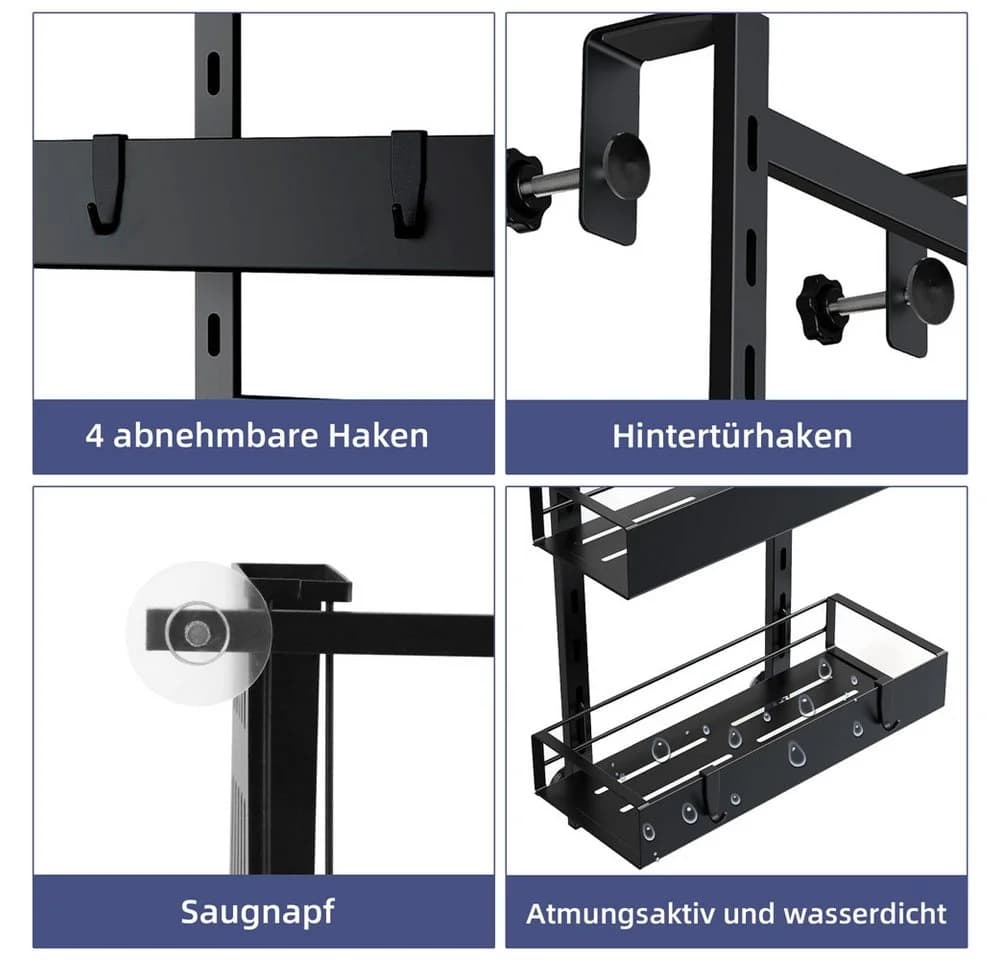 Mucola Duschablage Metall Schwarz 3 Körbe ohne Bohren - Bild 4