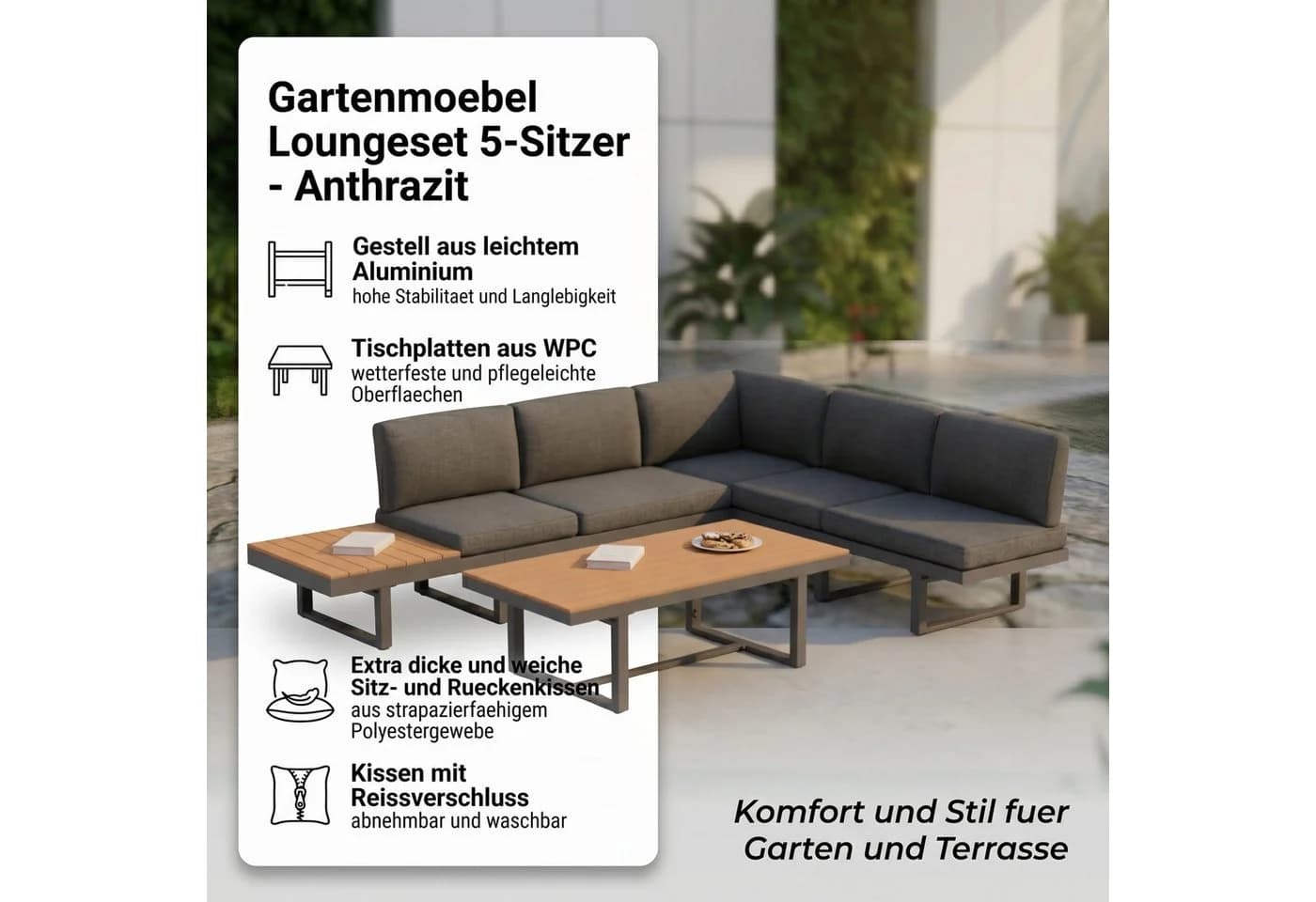 Mucola Gartenlounge-Set Aluminium 2-tlg. Ecksofa grau mit Liegefunktion