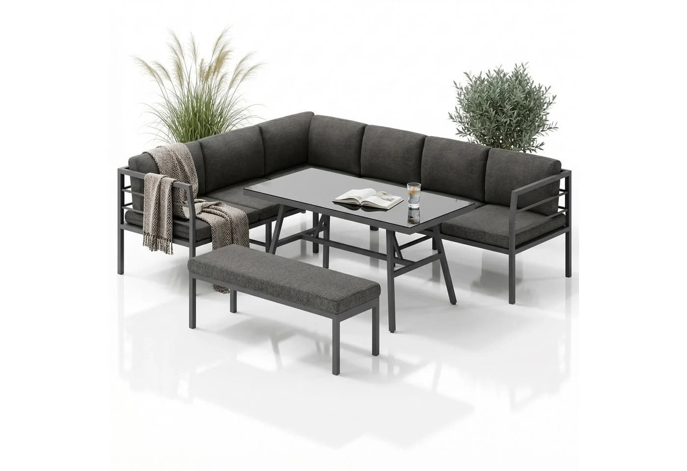 Mucola Gartenlounge-Set Aluminium Ecklounge grau/schwarz mit Kissen - Bild 2