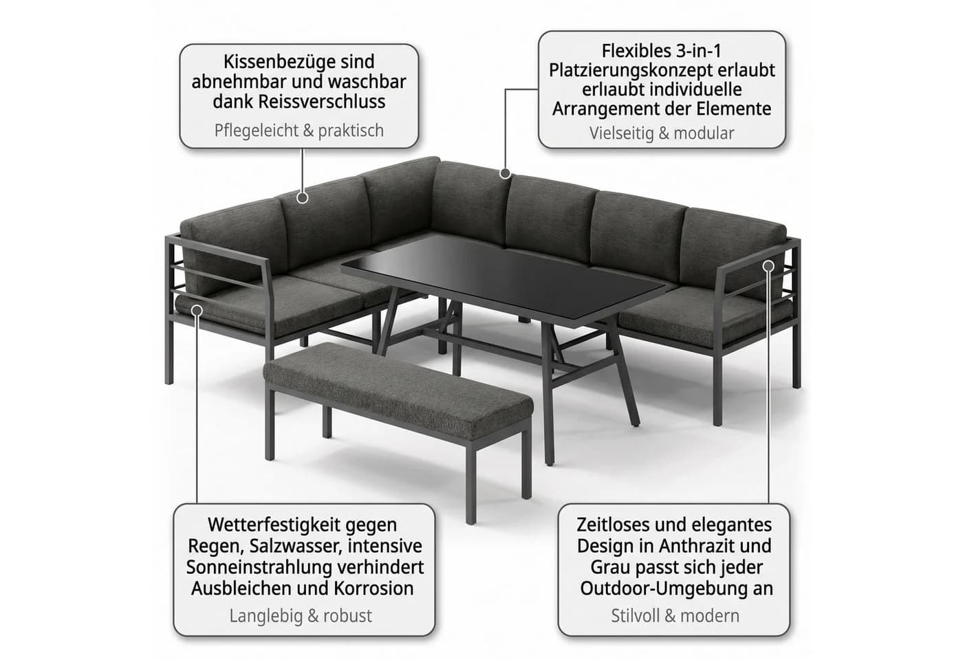 Mucola Gartenlounge-Set Aluminium Ecklounge grau/schwarz mit Kissen - Bild 5