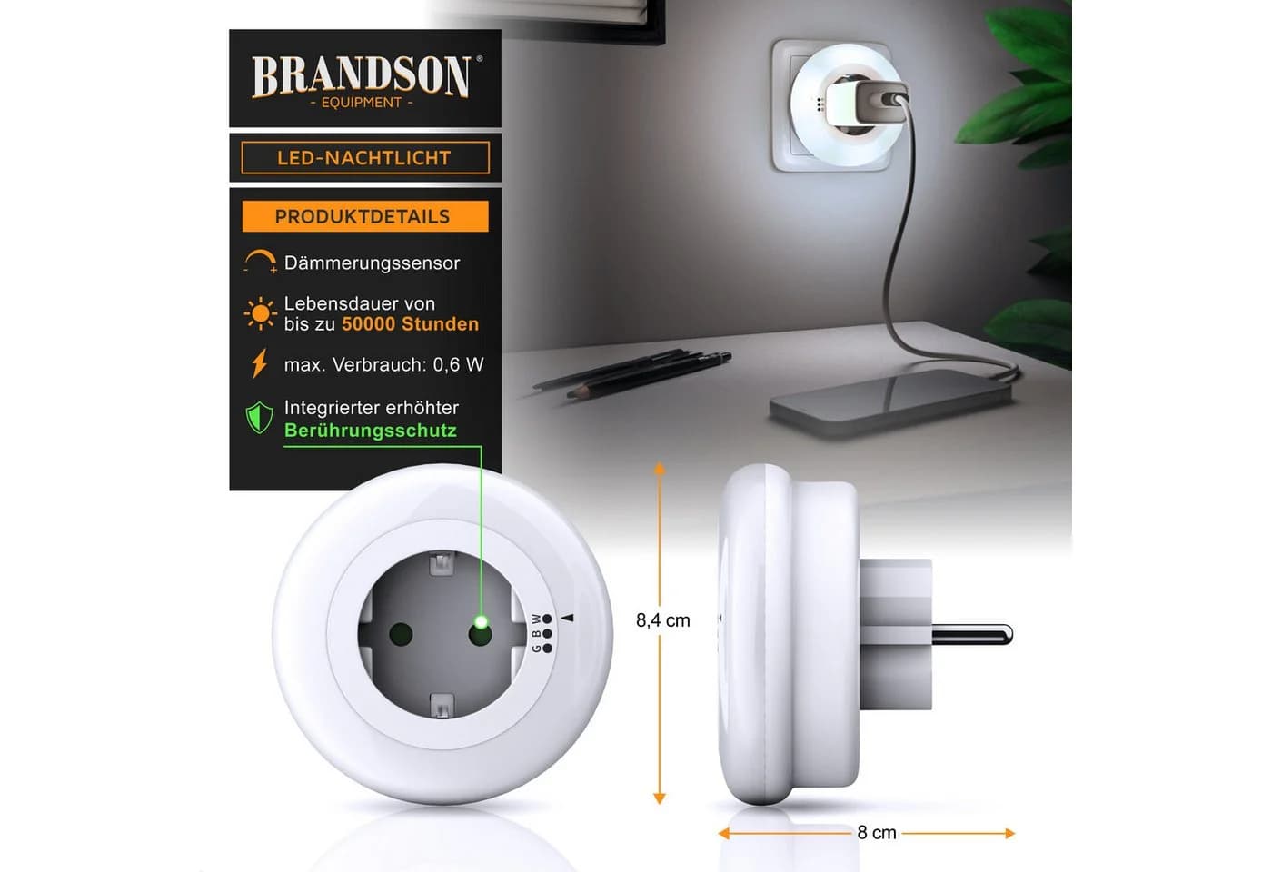 Brandson LED Nachtlicht mit Zwischenstecker & 3 Farben Weiß/Grün/Blau
