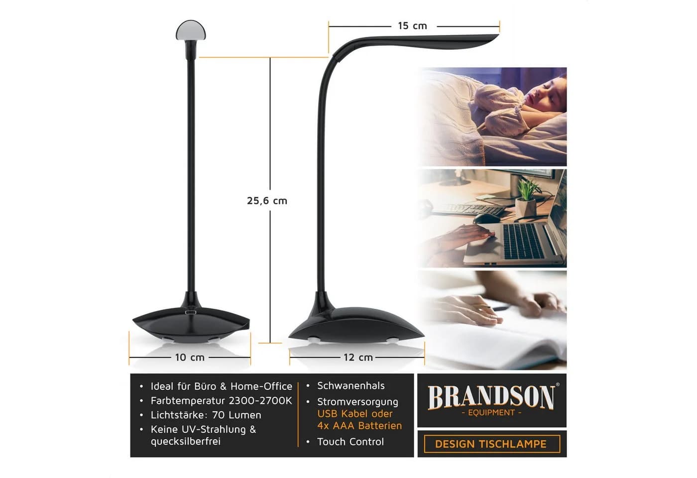 Brandson LED Schreibtischlampe Schwarz 3 Helligkeitsstufen Energiesparend - Bild 1