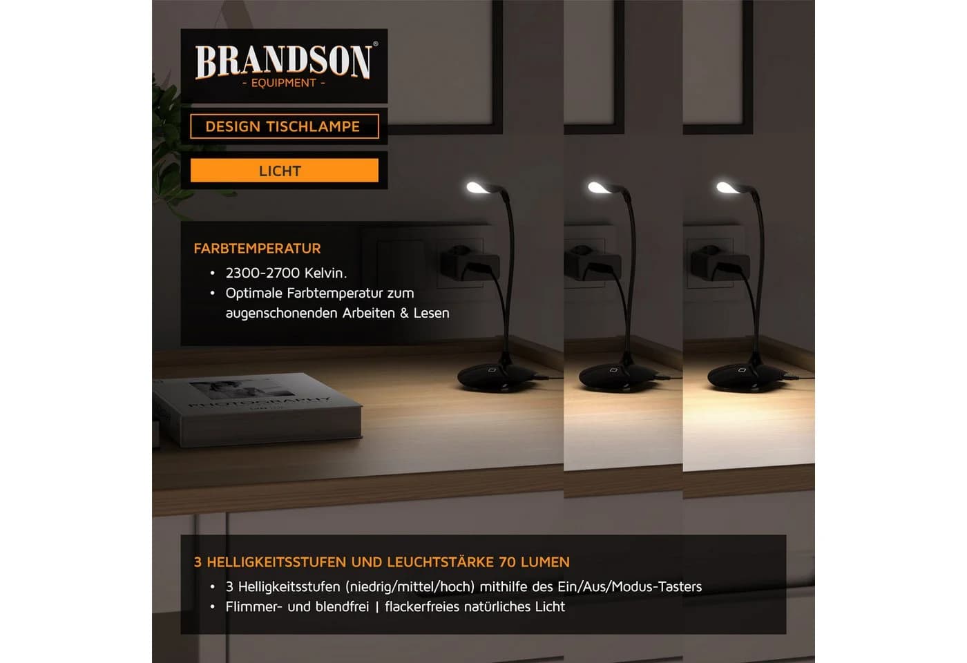 Brandson LED Schreibtischlampe Schwarz 3 Helligkeitsstufen Energiesparend - Bild 4