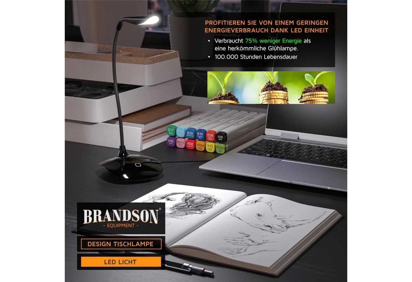 Brandson LED Schreibtischlampe Schwarz 3 Helligkeitsstufen Energiesparend - Bild 5