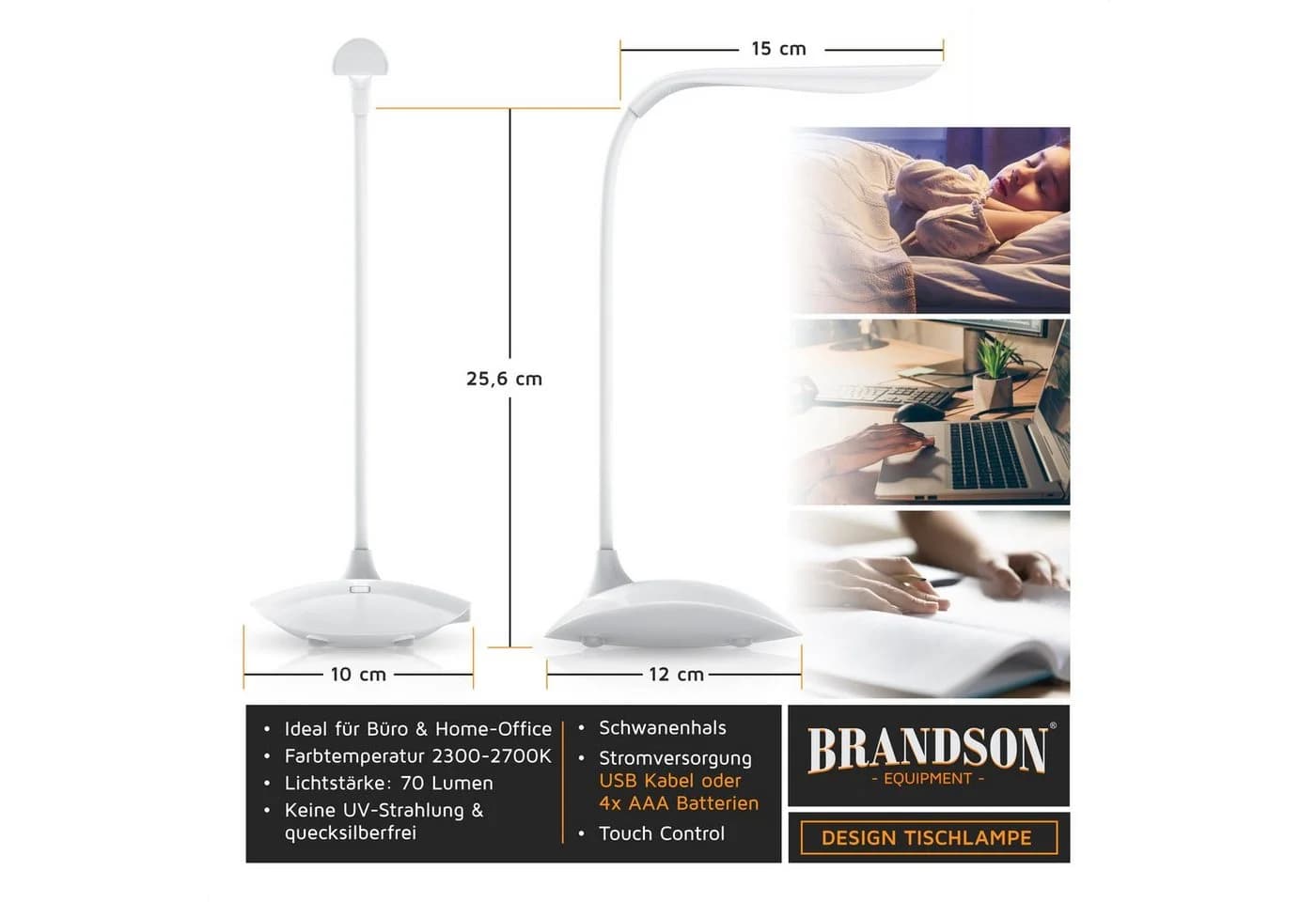 Brandson Schreibtischlampe Weiß LED 3 Watt 3 Helligkeitsstufen