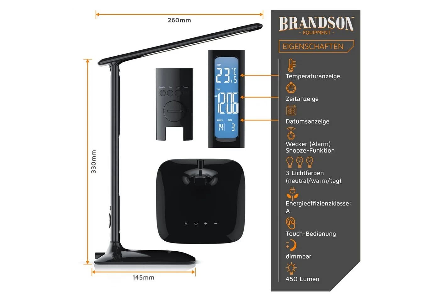 Brandson LED Schreibtischlampe mit Kalender, Alarm & Temperaturanzeige - Bild 4