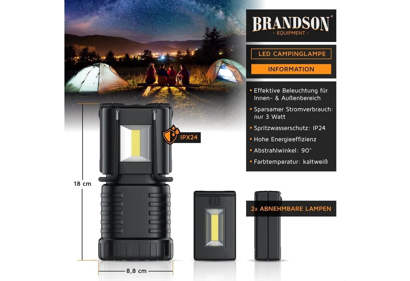 Brandson LED Campinglaterne mit 2 abnehmbaren Taschenlampen