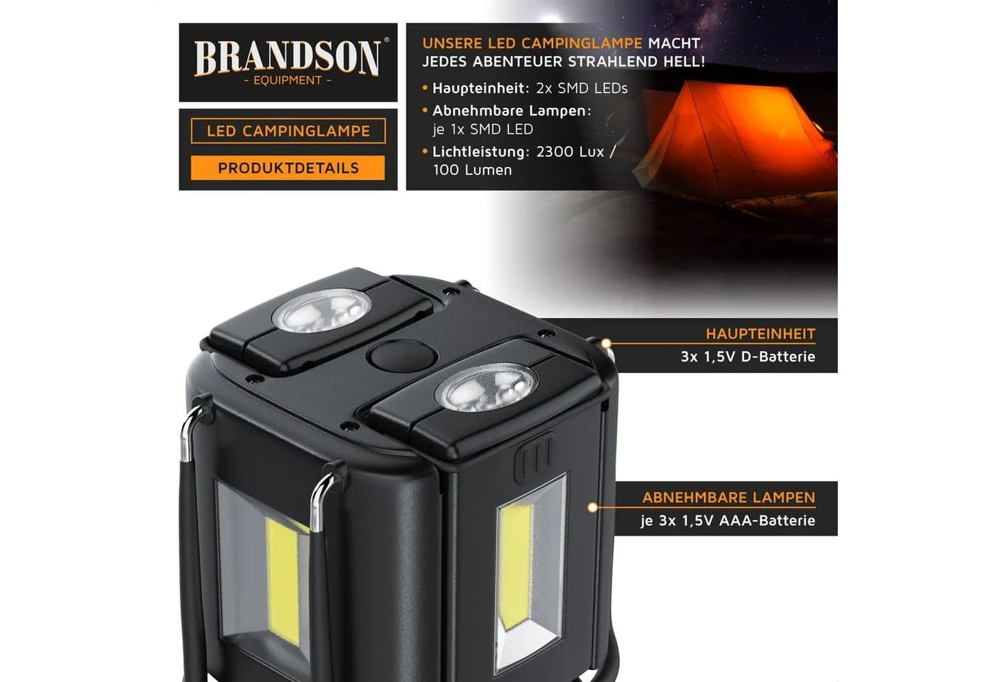 Brandson LED Campinglaterne mit 2 abnehmbaren Taschenlampen - Bild 4