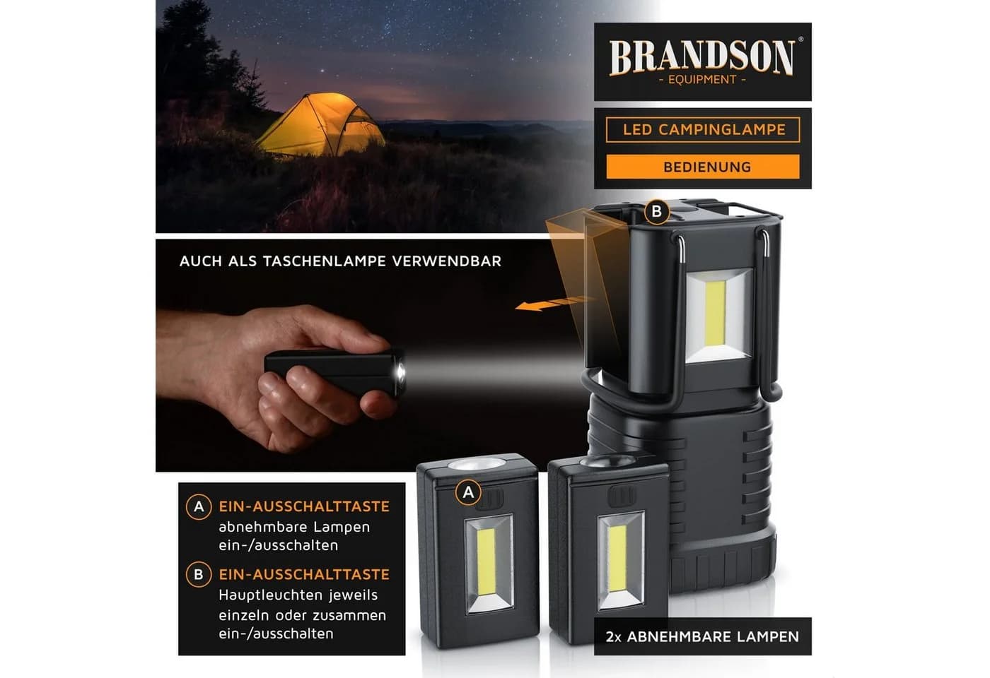 Brandson LED Campinglaterne mit 2 abnehmbaren Taschenlampen - Bild 5